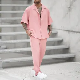 Summer Fashion Shirts and Pants Twopiece Mens Sets Trend Solid Color Male Suit Pink Large Size Sweatshirts Ropa Hombre 240412