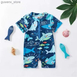One-Pieces 0-5T ChildrenS and Boys Summer Blue Swimsuit Casual Print Short SlEEved Zippered Jumpsuit Swimsuit Quick Drying Beachwear Y240412