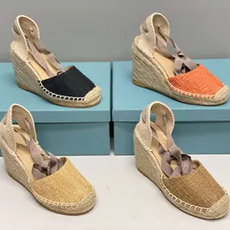 Örgülü sicim sandalet kadınlar espadrille kayış yuvarlak kama topuk topuklu moda orijinal deri balıkçı gelinlik parti ayakkabıları kutu 037 536