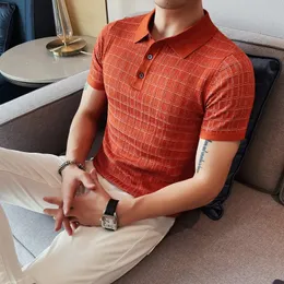 Mens Highquality Business Casual Short Sleeve Polo Shirtmale Slim Fit Plaid Capel Knitting Fashion Shirt S4xl Homme 240403