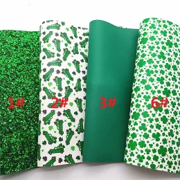 Green Glitter Leather Sheest Shamrocks Tryckt syntetiskt läder Smooth Faux Leather Litchi Vinyl för DIY Craft 8.2 "X11.4" SJ451