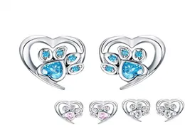 Mavi Kristal Pet Pençe Saplama Küpe Kız Kalp Şekimi CZ Ayak İzi Kulak Saplamaları Takı Kadınlar Tasarlan Bijoux SCE65432155085124137