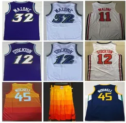 Bordado de qualidade Vintage 32 Karl Malone Jersey 12 John Stockton Jersey Purple White Sportwear Donovan Mitchell Orange Sti7390704