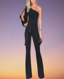 Party Sexy Rompers Womens Jumpsuit Long Sleeve Split One Shoulder Overalls Elegant Evening Wear Black Formal Jumpsuits Sashes1001825