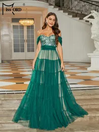 Casual Dresses Missord Elegant Green Floral Sequin Prom Dress Women Off Shoulder Short Sleeve Mesh Belted A-line Loose Party Evening