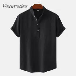 Men's Casual Shirts Summer Solid Color Cotton Linen 2024 Tops Stand Collar Short Sleeve Half Open Stretch Fashion Ropa Hombre