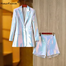 High Street Ladies çarpıcı bling payetli 2 parçalı şort singe düğmesi orta uzunlukta blazer ceket ince kısa pantolon