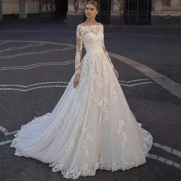 Long Sleeves Lace Appliques A-Line Wedding Dresses Boat Neck Garden Modest Bridal Gowns Custom Made Vestidos De Marriage