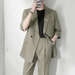 Män Luxury Casual Suit Jacket Set Streetwear Elegant Korean Solid 2 Piece With Pants Leisure Spring Coat och 240412