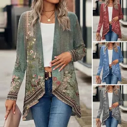 Bainha irregular Lady Coat Lady Flor Print Print Open Stitch Cardigan Estilo étnico MidnUM LONCE SHAWL para mulheres cair 240412