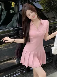 Zoki Sexy Slim Women Pleated Dress Korean Sweet Short Sleeve Pink Summer Turn Down Collar Preppy Style Fashion Lady 240412