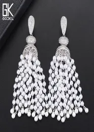 Godki Luxury Imitation Pearls Tassels Long Dangle Earrings For Women Wedding Cubic Zircon Dubai Bridal Silver Drop Earrings 2018 J2735395