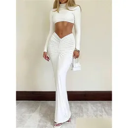 Arbeitskleider 2 -teilige Set Frauen Langarm Mock Neck Slim Fit Crop Tops Bodycon -Röcke Elegante ästhetische y2k y Streetwear Drop liefern otz47