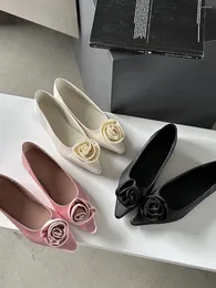 Casual Shoes Flock Women Loafers Pointed Toe Flower Design Black White Pink Fashion Low Heeled Dress Party Pumps Woman 39