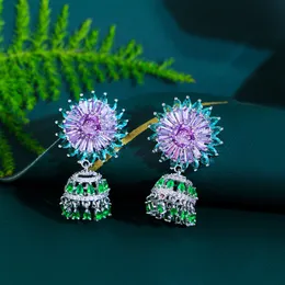 CWWZircons Top Gorgeous Purple Green Cubic Zirconia Flower Long Dangle Drop Bell Earrings for Women Wedding Bridal Party CZ690