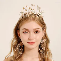 Halskette Ohrringe Set handgefertigtes Metallhaar Stirnbänder elegante dreifache Goldfarbe Blatt Mode Design Brautzubehör