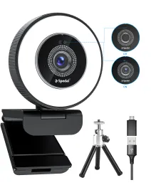 Webcams Spedal AF966 HD Webcam 4K 30fps mit einstellbarem Ringlicht und Mikrofon, Autofocus -Webcam mit Datenschutzcover, Zoom Skyp