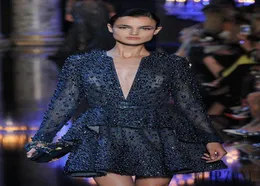 Amazing Luxury 2015 Elie Saab Runway Vneck Aline Taffeta Dark Navy Cocktail Dress Abito da sera a maniche lunghe 9763825