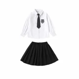 Girls Blazers Suit Autumn Short Jacket Pleated Skirt 2 Pcs Black Teens School Children Costumes 13 14 15 Years Kids Clothes Set