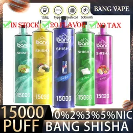 오리지널 Bang Shisha 15000 퍼프 퍼즈 일회용 vape 펜 퍼프 15K vape bang 24ml 미리 채워진 카트리지 포드 650 mah 충전식 배터리 LED 조명 색상