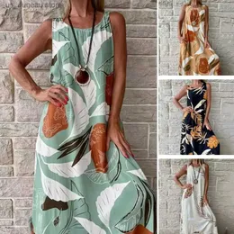Urban Sexy Dresses Summer Vacation Maxi klänning Kvinnor som sommarstrandklänning Löv utskrivna Löst Slveless O-Neck Pullover Dress-Up Patchwork Casua T240412