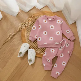 Byxor hösten småbarn barn flickor kläder sätter spädbarn avslappnade kläder långärmad blommig tryck tröja toppar taksträngbyxor 2 st.