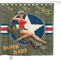 Shower Curtains Curtain By Ho Me Lili Waterproof Military Vintage With Pin Up Girl On Bomb Retro War Bomber Plane Missile Set Hooks