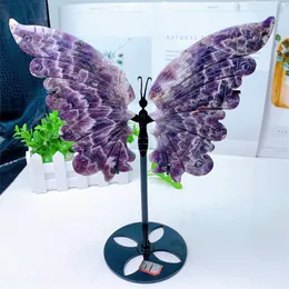 Natural Dream Amethyst Butterfly Wings Crystal Hand snidad polerad staty Healing Energy Gemstone Crafts With Stand