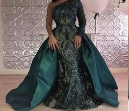 Luxus dunkelgrüne Abendkleider Eine Schulter Zuhair Murad Kleider Meerjungfrau Paillettenromkleid mit abnehmbarem Zug Custom Made7789807