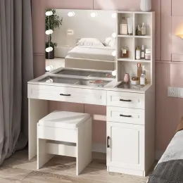 Scrivania Trucco LIMGLIM Con Luci E Grande Specchio - 99.8cm Con 5 Cassetti, 3 Colori LED Regolabili E Prese USB, Vanità Per Camera Da Letto - 5