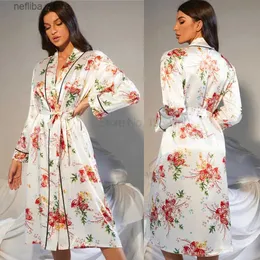 Sexig pyjamas kimono mantel pyjamas kostym blommaklänning satin v-hals badrock sling byxor set kvinnor tryck pyjamas hour femme y hemkläder l410