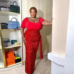 Party Dresses Red Sequined Plus Size Mermaid Prom Aso Bei Style Square Neckline Short Sleeve Evening Gowns African Women Dress