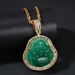 14k Gold Plated Diamond Micro Pave Crystal Jade Laughing Buddha Pendant Necklace