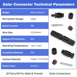 Connector solar 40pcs/20pairs com 3pcs Spanners IP67 Conectores de cabo do painel solar à prova d'água masculino/feminino (10AWG)