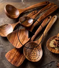 17pcset Teak натуральный деревянный посуда ложковина Spoon Spoon Special Nano Soup Skimmer Cooking Spoon Wood Kitchen Tool Kit3099856