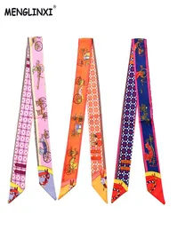 Menglinxi Bag Twillies Nya kvinnor Small Twill Silk Scarf Print Huvudbonad Handtag Bag Ribbon Long Scarves6243892
