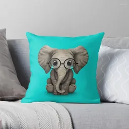 Kudde söt baby elefantkalv med läsglasögon på blått kast broderat omslag marmor