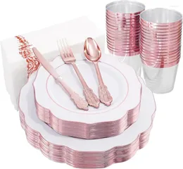 Одноразируемая посуда 175pcs Rose Gold Пластиковые пластинки с серебром - включают в себя 25 ужинов десертов