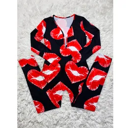Women S Lip Print Pajamas Adult Onesie Romper Long Sleeve Deep V Neck Jumpsuit Shorts One-Pieces Full Loungewear Cosplay Outfit
