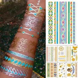 Wasserdichte temporäre Tattoo Aufkleber Metall Gold Silber Blau Mandala Armband Schmuck Tatto Frauen Henna Körperkunst gefälschte Tatoo 240408