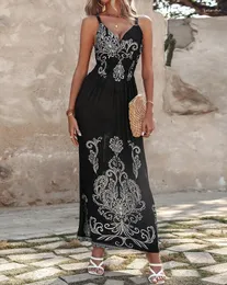 Vestidos casuais mulheres vestido tribal estampa de borboleta renda maxi 2024 verão minuto spaghetti strap contraste de férias saia longa