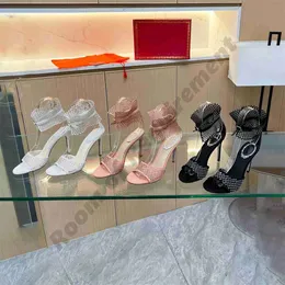 Çarpıcı örgü tasarım kristal yılan twining sandalet stiletto yüksek topuk rene caovilla rhinestone elbise ayakkabı tabanı kadınlar pompalar düğün ayak bileği sarma