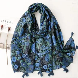 الأوشحة Aztec Abstract Navy Blue Floral Tassel Viscose Shawl و Noft Brina Fluards Soft Bufandas Muslim Hijab Sjaal 180 90cm