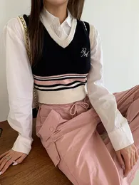 Y2K SweetGirl listrado Bloco de colorido em vínculo coreano garota coreana garota sexy colete de colete