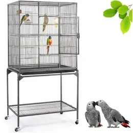 63Inch Wrought Iron Rolling Large Bird Cage for African Grey Small Parrots Canary Flight 240412