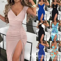 Basic Casual Dresses Women Party Solid Dresses Summer Sexy Slveless Drawstring Ruched High Slit Casual V Neck Vacation Dress Elegant Vestidos T240412