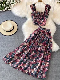 Women Summer Retro Floral Print Skirt Set Sexy Sleeveless Short Strap Tops High Waist Pleated Skirt Two Piece Suits 240411