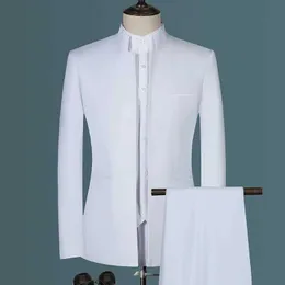 Erkekler Suits Blazers 2023 Moda Erkekler Günlük Butik Beyaz Stand Yaka Çin tarzı 3 PCS Takım Seti İnce Fit Blazers Ceket Pantolon Pantolon Yelek