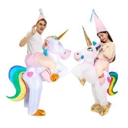 Neue Kinder farbenfrohe Einhorn aufblasbare Kostüm Anime Anzüge Maskottchen Halloween Party Cosplay Kostüme für Mann Frau Jungen Mädchen