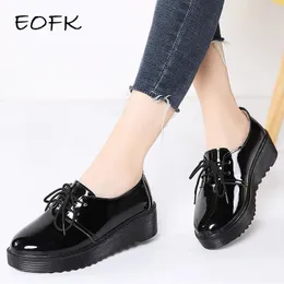 Casual Shoes Eofk Women Flat Spring Autumn Black Split Leather Lace Up Lackered Woman Platform Derby Solid